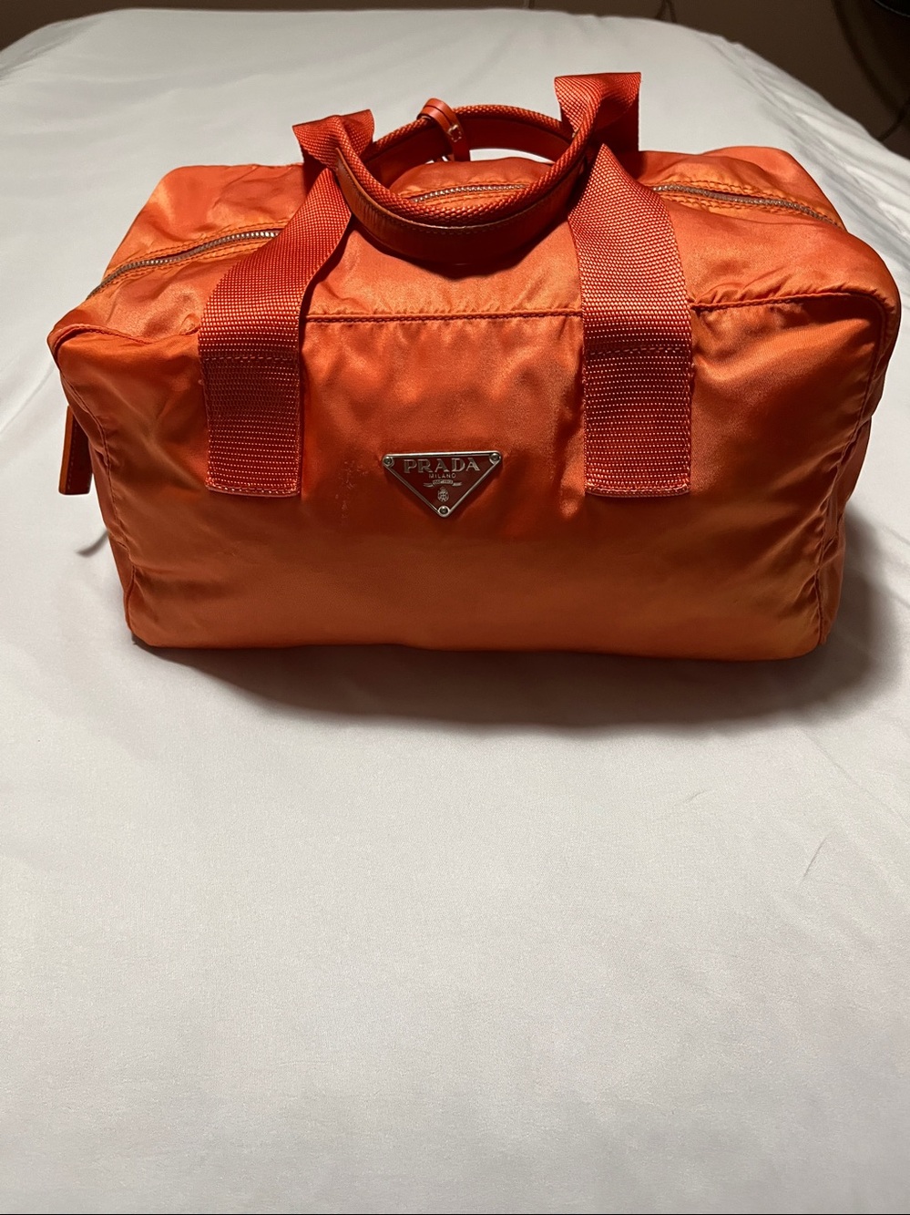 Prada Orange Nylon Duffel Satchel